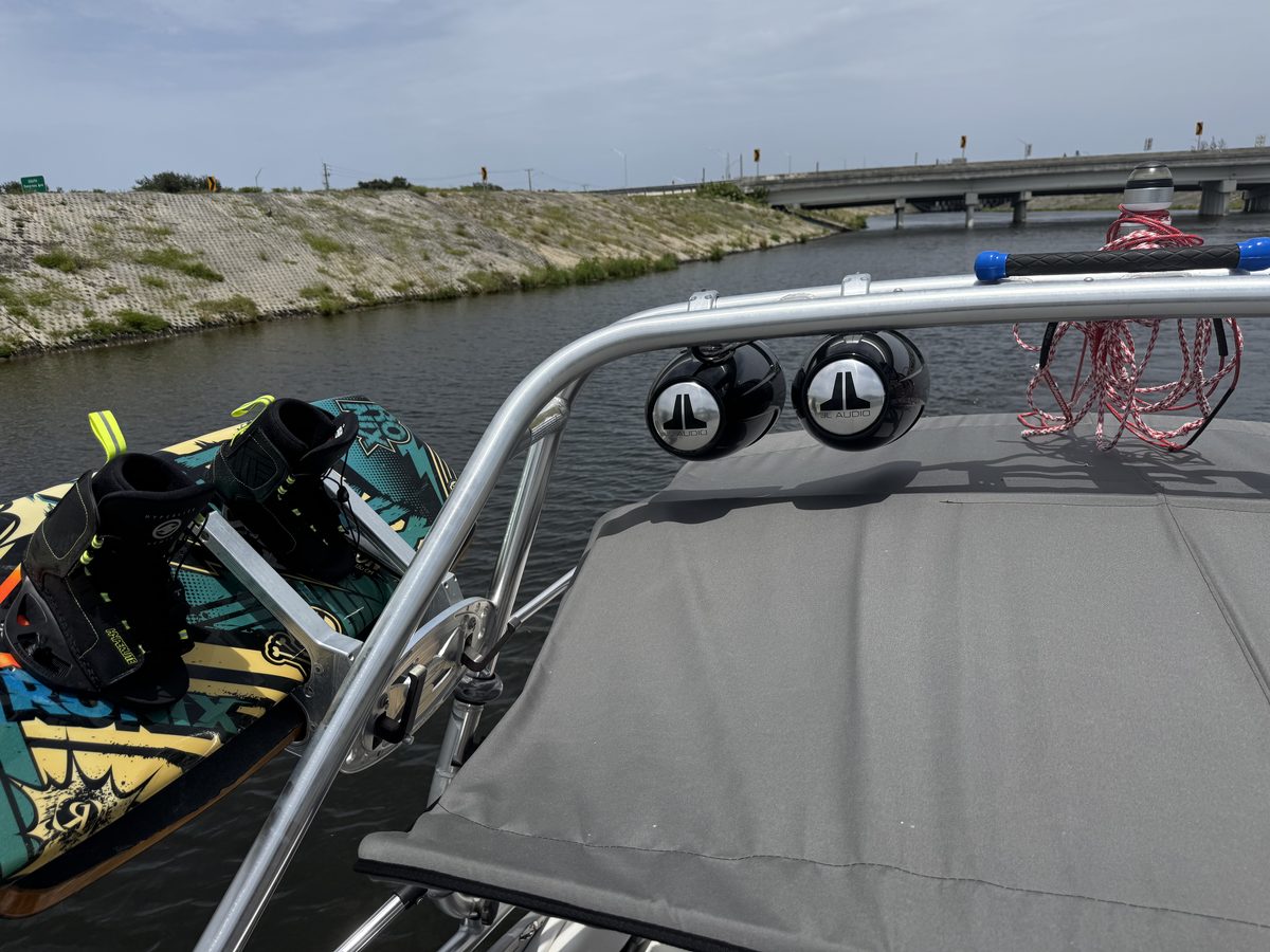 Wakeboard and tower speakers on the charter boat in a Palm Beach canal